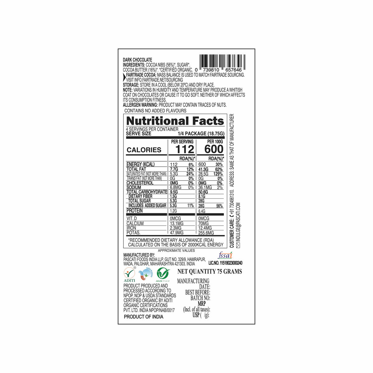 72% Kerala Dark Chocolate, 75g