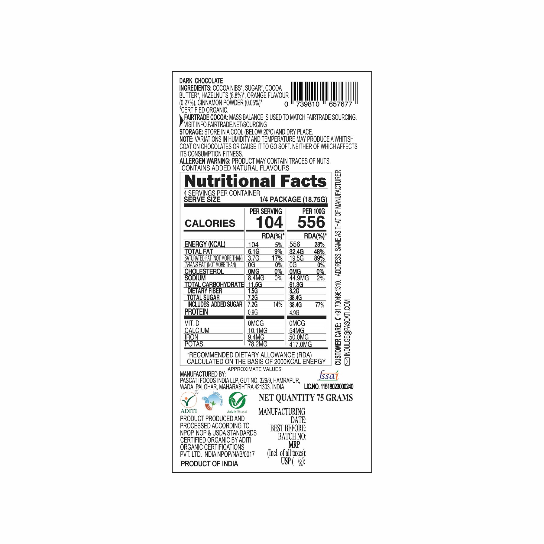 Orange Cinnamon Hazelnut Chocolate, 75g