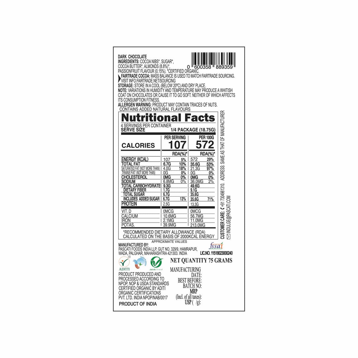 Passionfruit Almond Chocolate, 75g