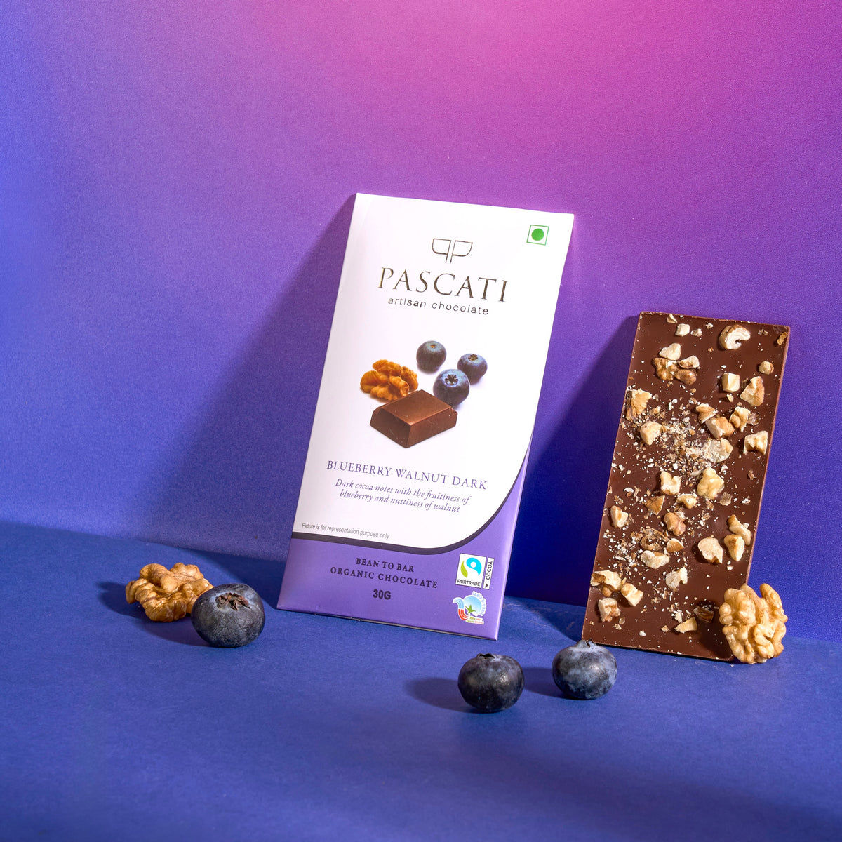 Pascati blueberry walnut dark chocolate mini bar 30g — organic Fairtrade artisan India