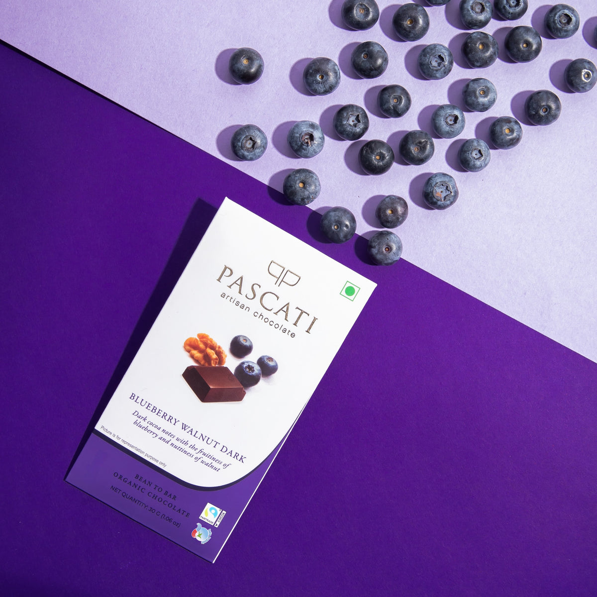Pascati blueberry walnut dark chocolate mini bar 30g front — organic Fairtrade artisan India