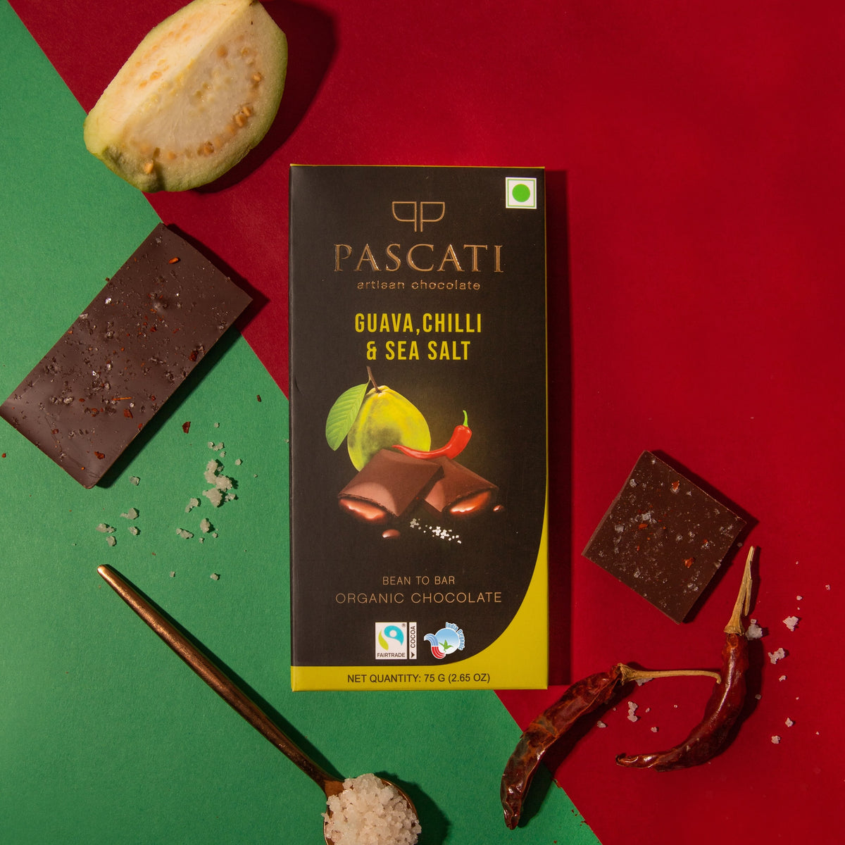 Pascati guava chilli sea salt dark chocolate bar 75g front — organic Fairtrade artisan India