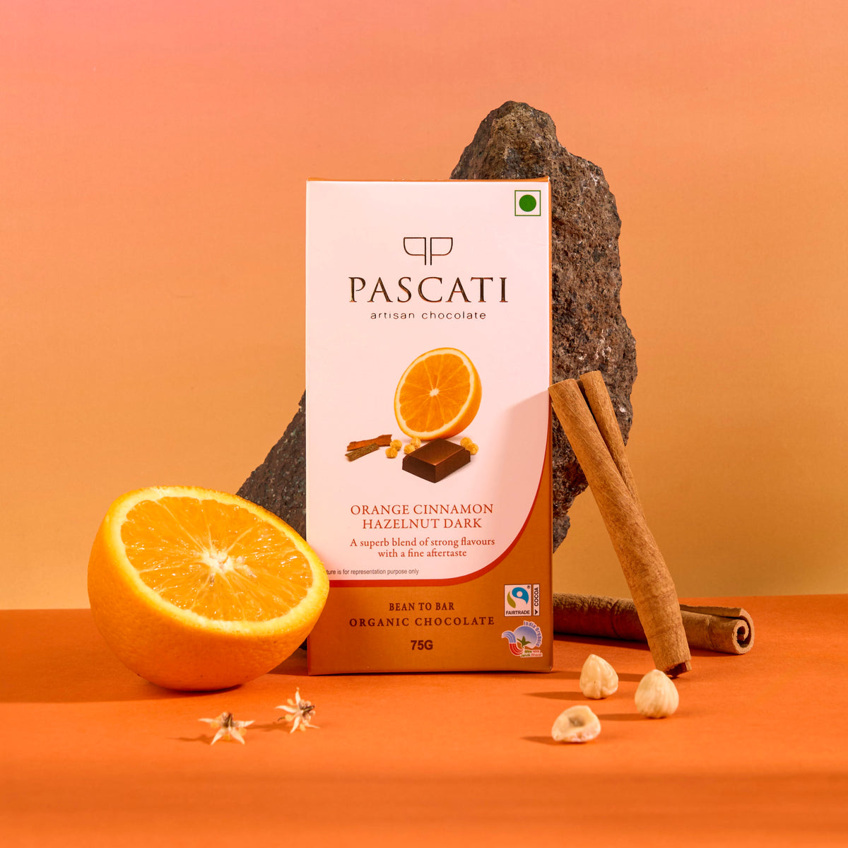 Pascati orange cinnamon hazelnut dark chocolate bar 75g — organic Fairtrade artisan India