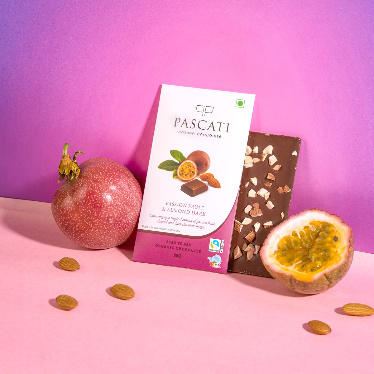 Pascati passionfruit almond dark chocolate mini bar 30g — organic Fairtrade artisan India