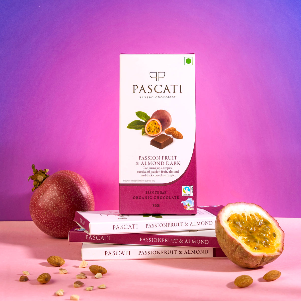 Pascati passionfruit almond dark chocolate bar 75g — organic Fairtrade artisan India