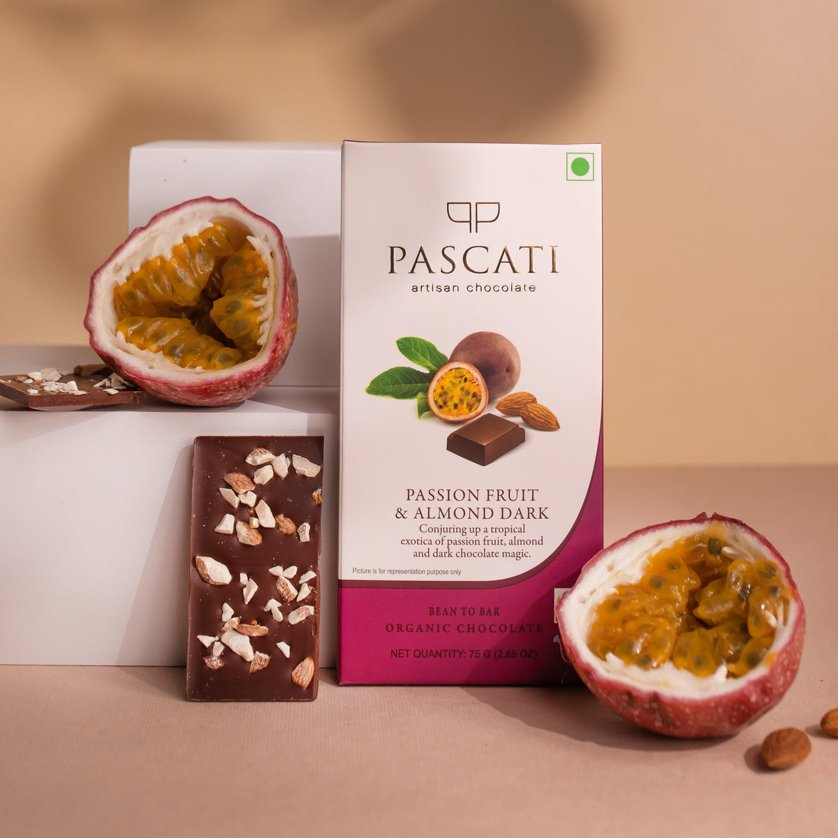 Pascati passionfruit almond dark chocolate bar 75g front — organic Fairtrade artisan India