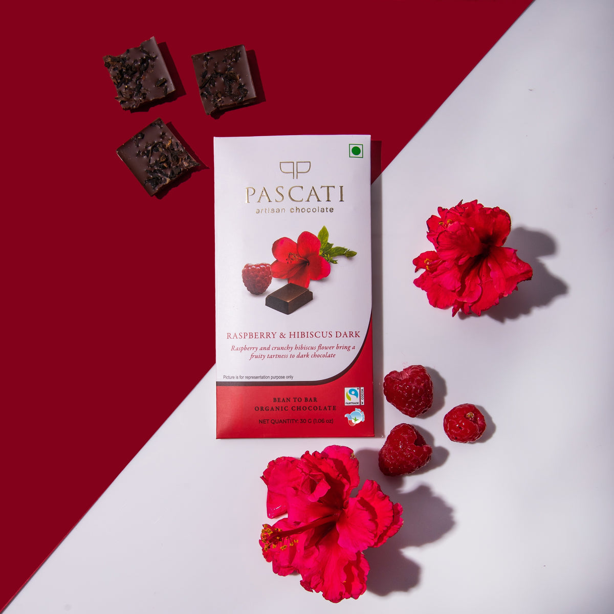 Pascati raspberry hibiscus dark chocolate mini bar 30g front — organic Fairtrade artisan India
