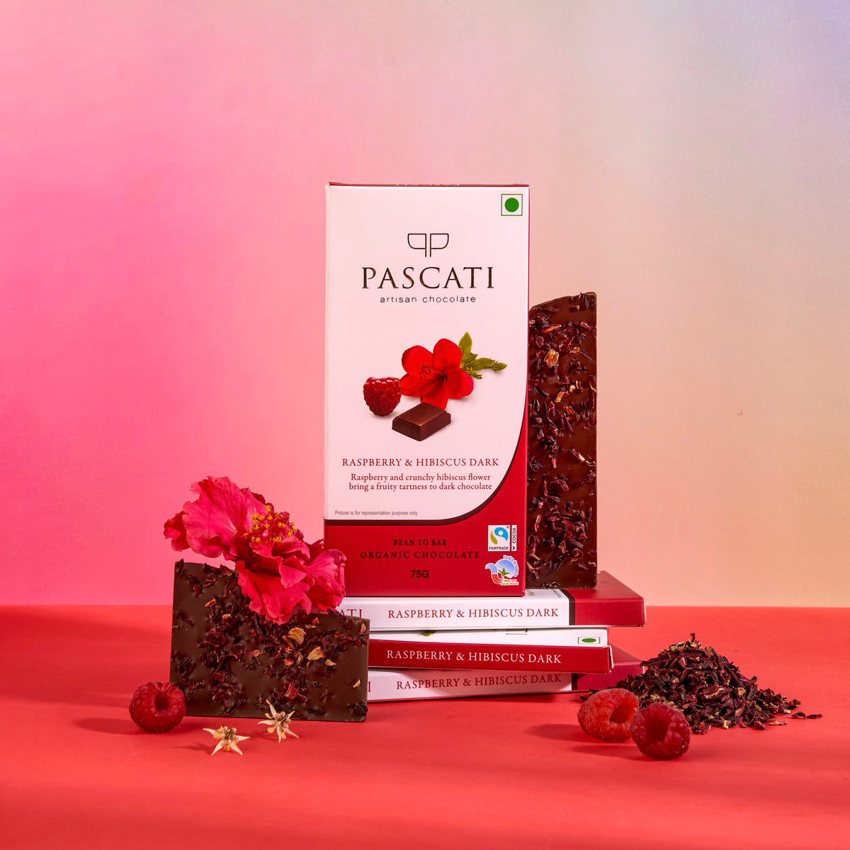 Pascati raspberry hibiscus dark chocolate bar 75g — organic Fairtrade artisan chocolate India