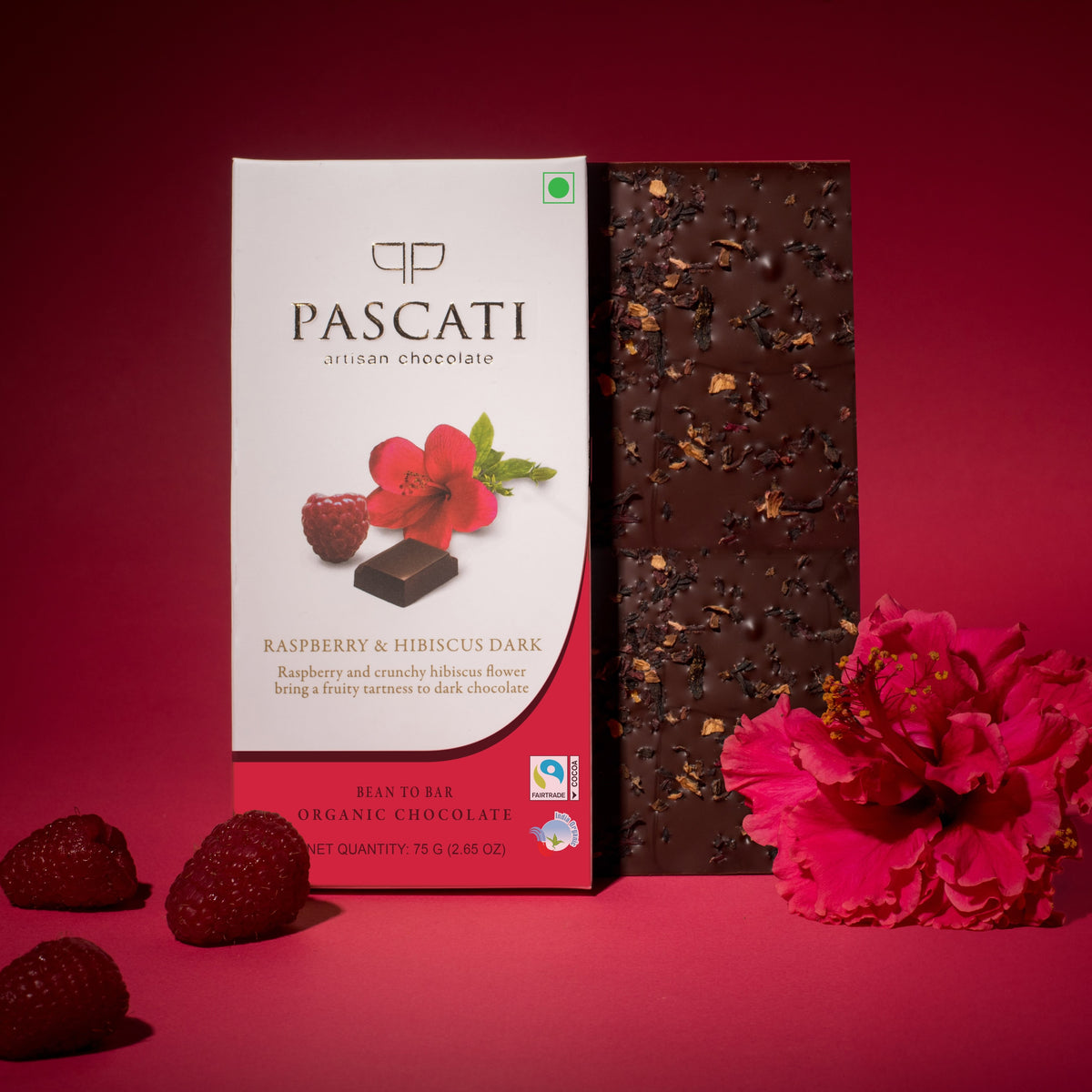 Pascati raspberry hibiscus dark chocolate bar 75g front — organic Fairtrade artisan India