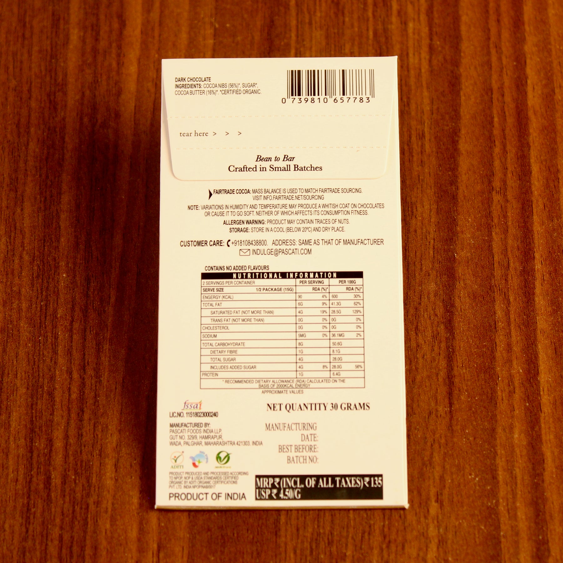 Pascati 72% Kerala dark chocolate mini bar 30g back — organic Fairtrade single origin India