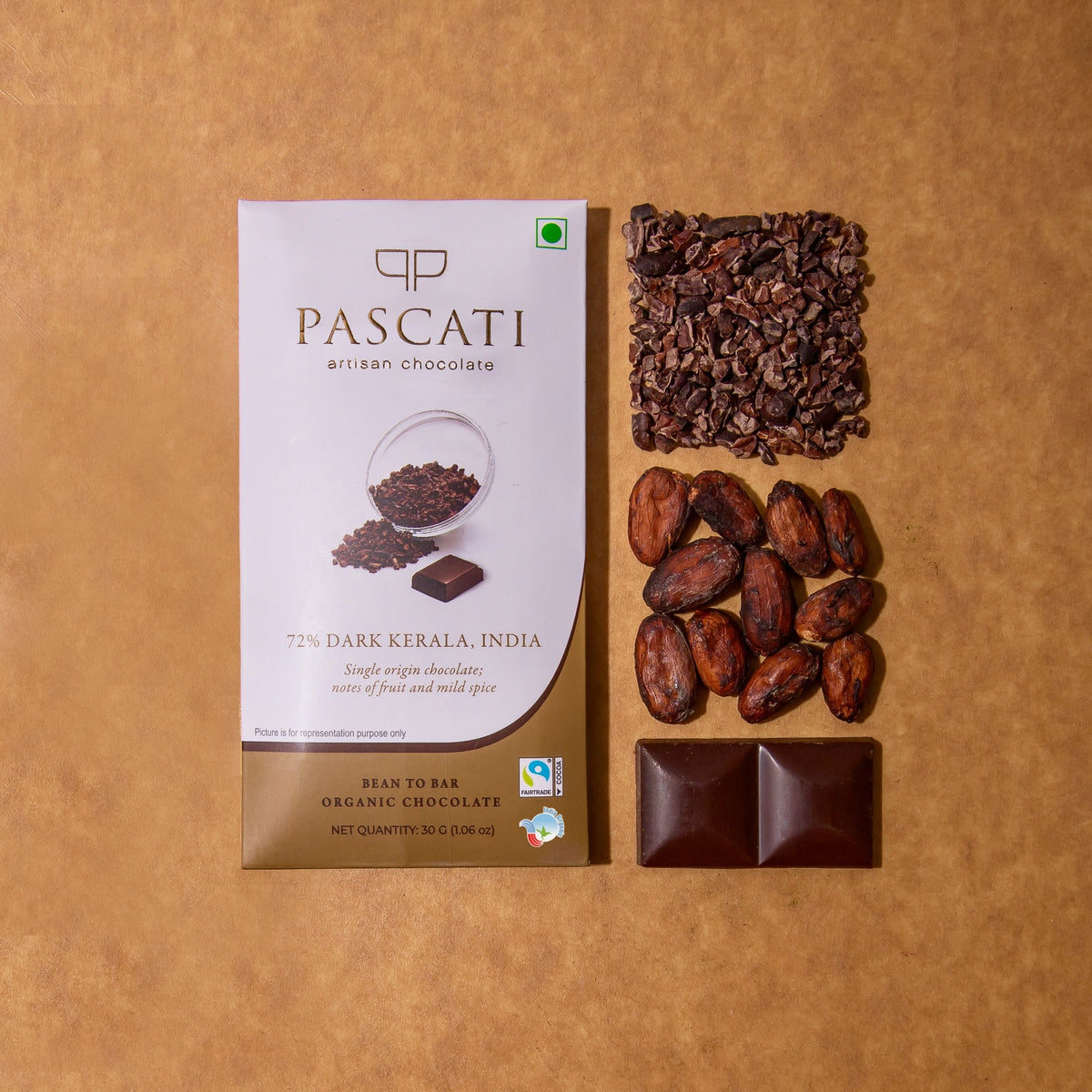 Pascati 72% Kerala dark chocolate mini bar 30g front — organic Fairtrade single origin India
