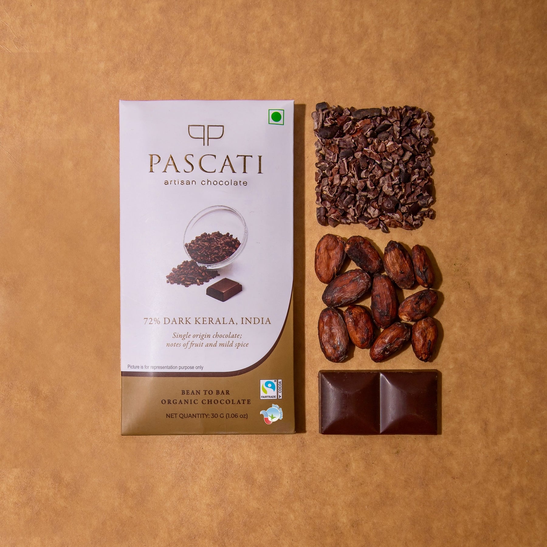 Pascati 72% Kerala dark chocolate mini bar 30g front — organic Fairtrade single origin India