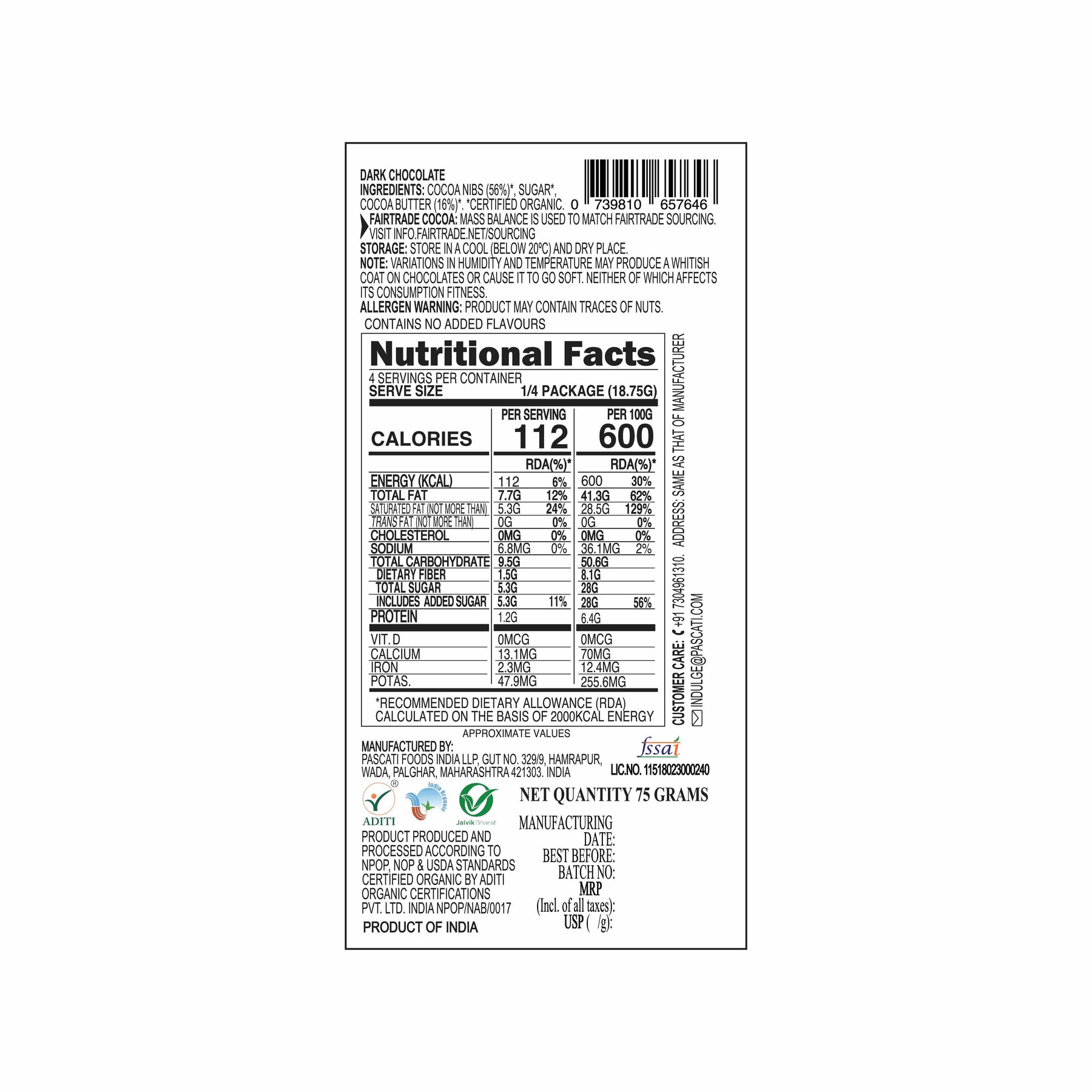 Pascati 72% Kerala dark chocolate bar 75g side — certified organic Fairtrade bean-to-bar India