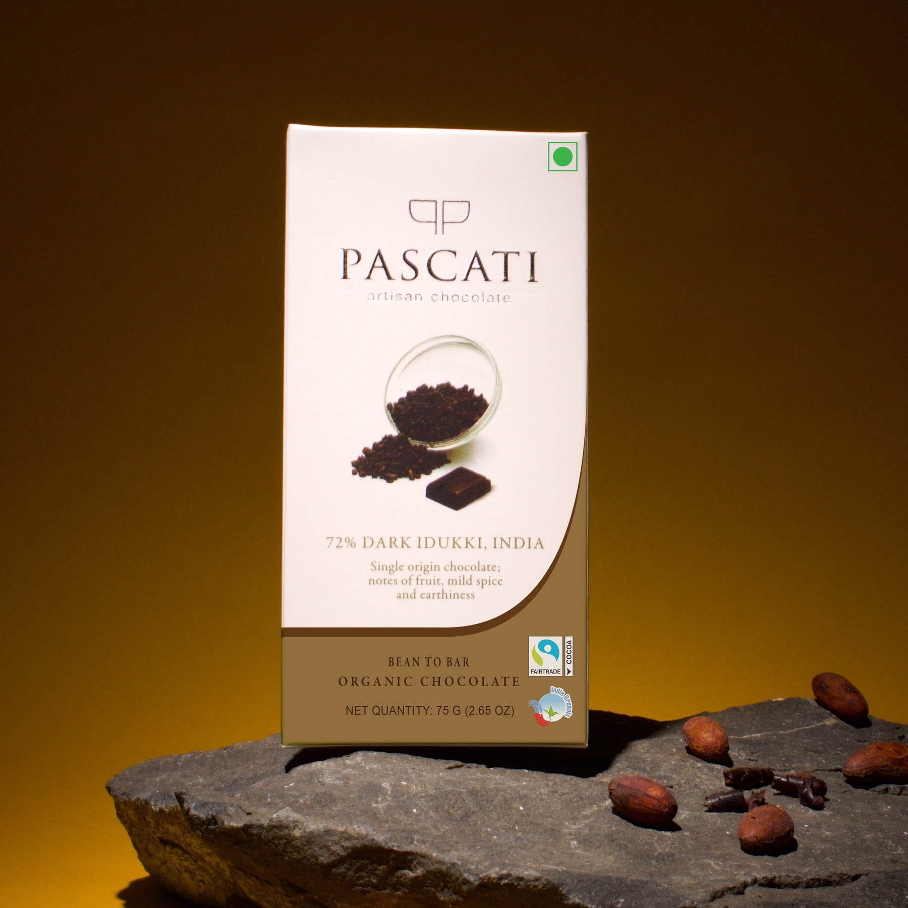 Pascati 72% Kerala dark chocolate bar 75g back — certified organic Fairtrade bean-to-bar India