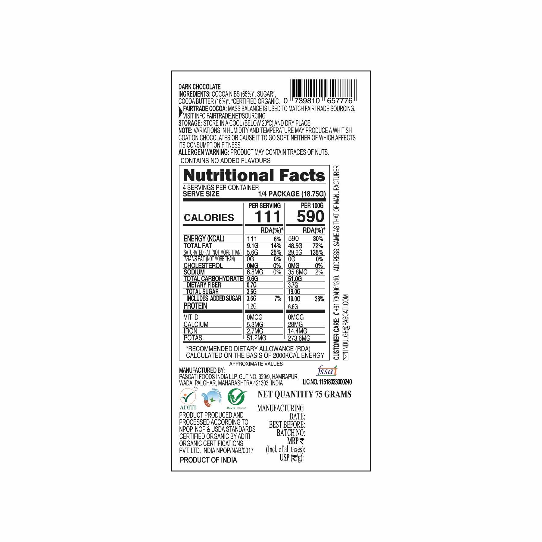 Pascati 81% Kerala dark chocolate bar 75g back — organic Fairtrade bean-to-bar India