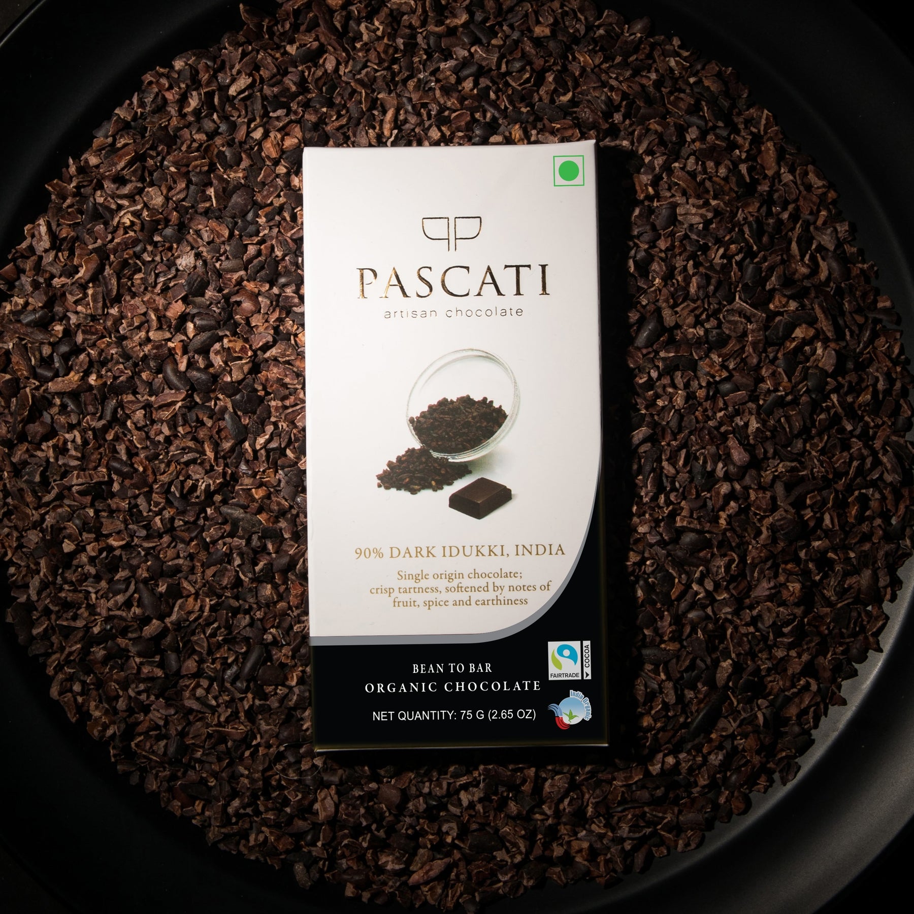 Pascati 90% Kerala dark chocolate bar 75g front — organic Fairtrade bean-to-bar India