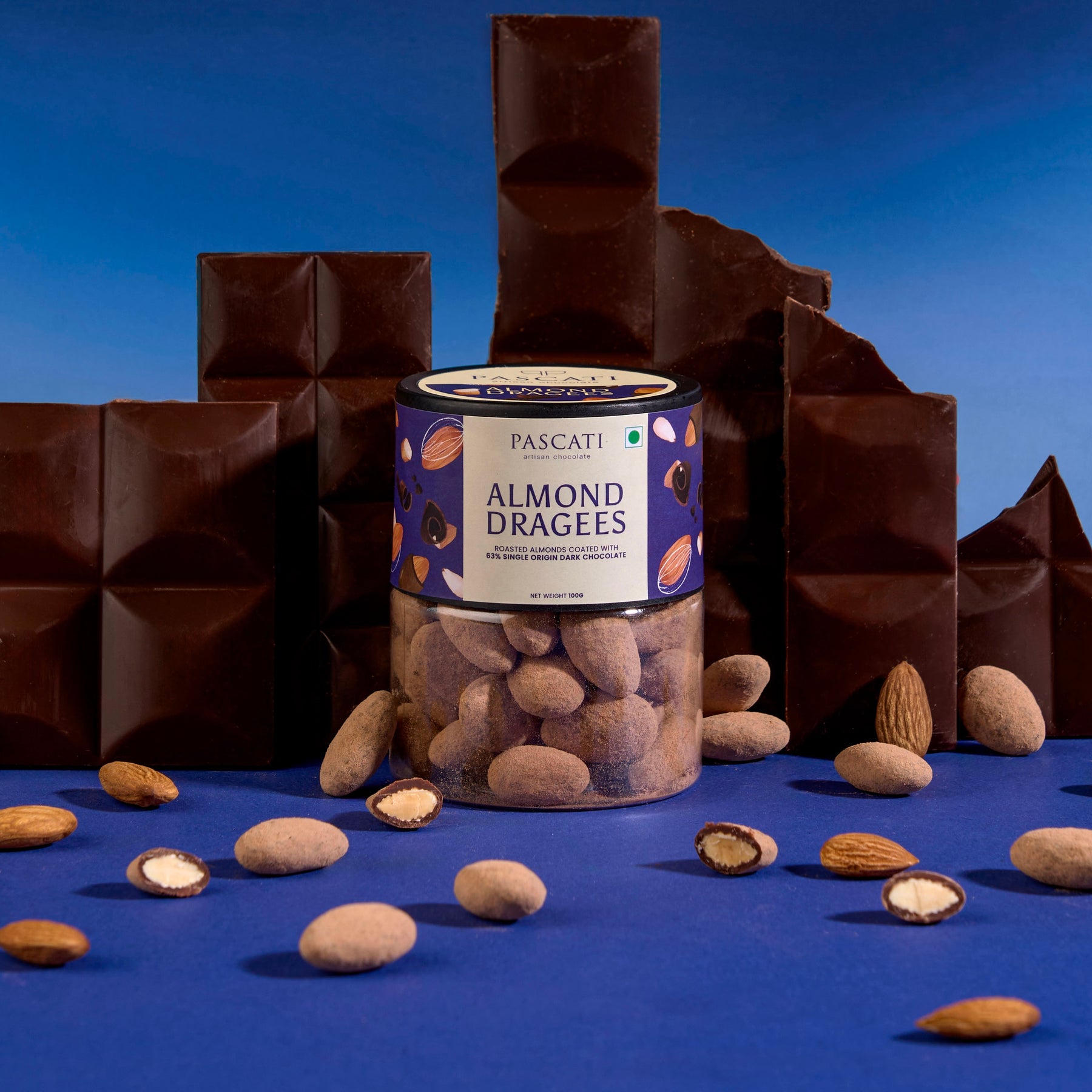 Pascati almond dragees — slow-roasted almonds enrobed in Kerala dark chocolate India