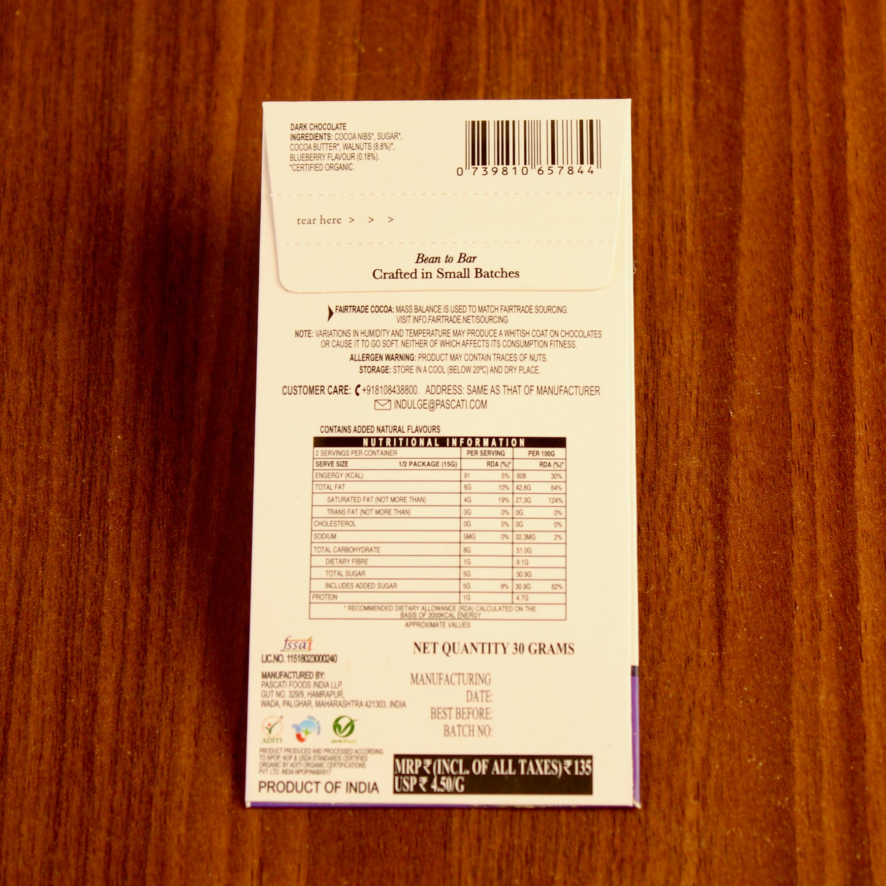 Pascati blueberry walnut dark chocolate mini bar 30g back — organic Fairtrade artisan India