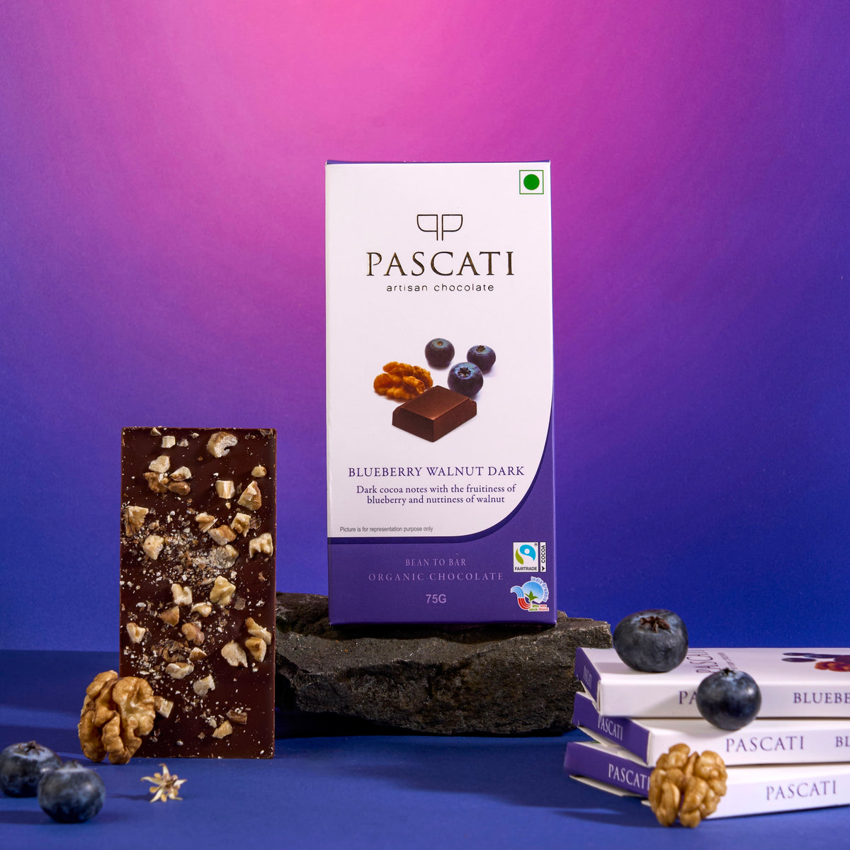 Pascati blueberry walnut dark chocolate bar 75g — organic Fairtrade artisan chocolate India