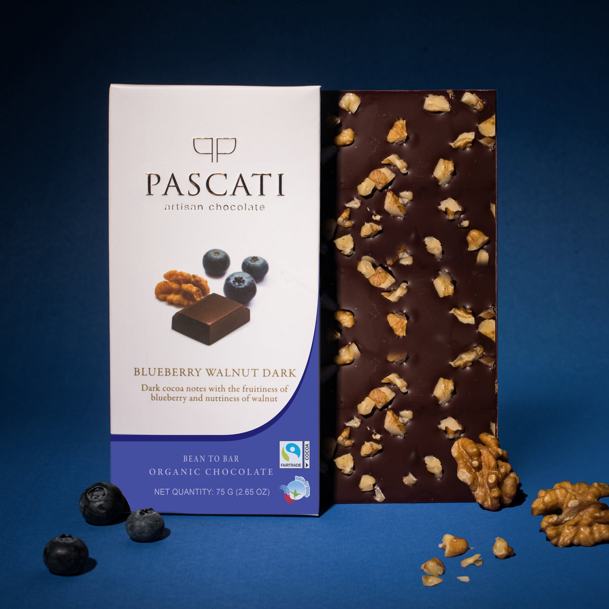 Pascati blueberry walnut dark chocolate bar 75g front — organic Fairtrade artisan India