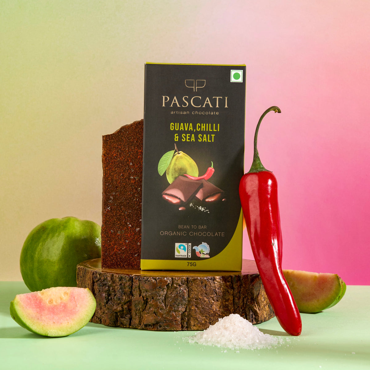 Pascati guava chilli sea salt dark chocolate bar 75g — organic Fairtrade artisan India