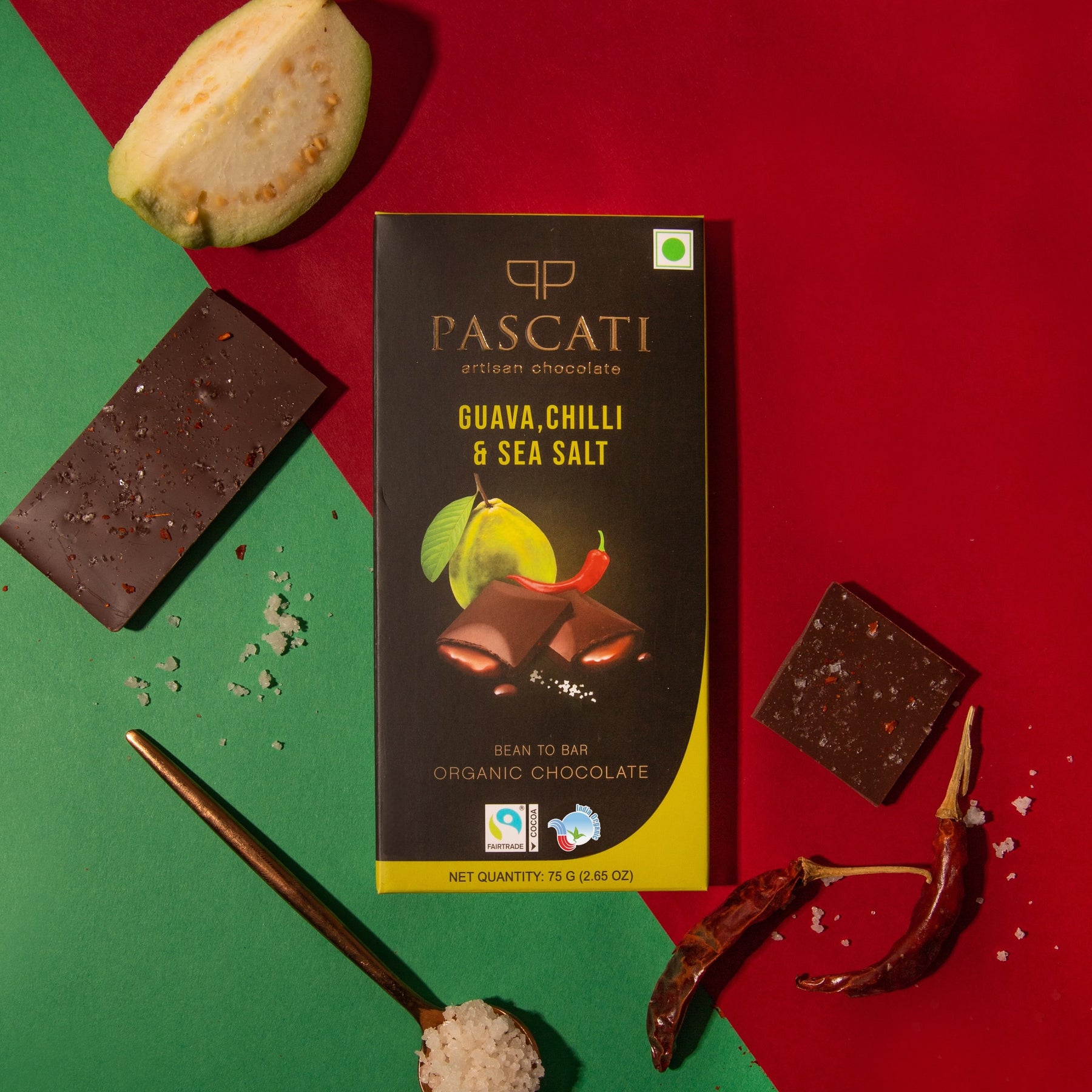 Pascati guava chilli sea salt dark chocolate bar 75g front — organic Fairtrade artisan India