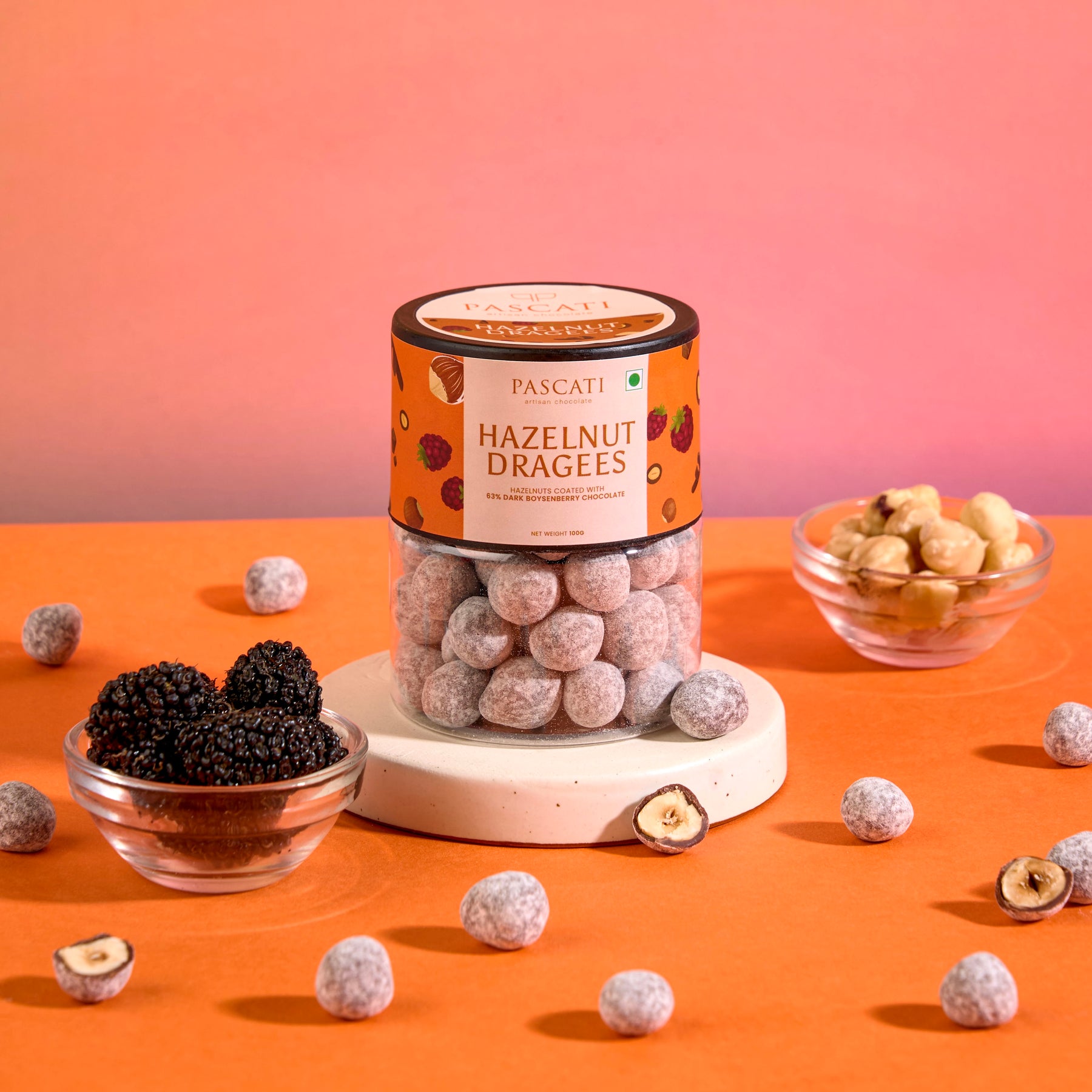 Pascati hazelnut boysenberry dragees — Kerala dark chocolate artisan snack India
