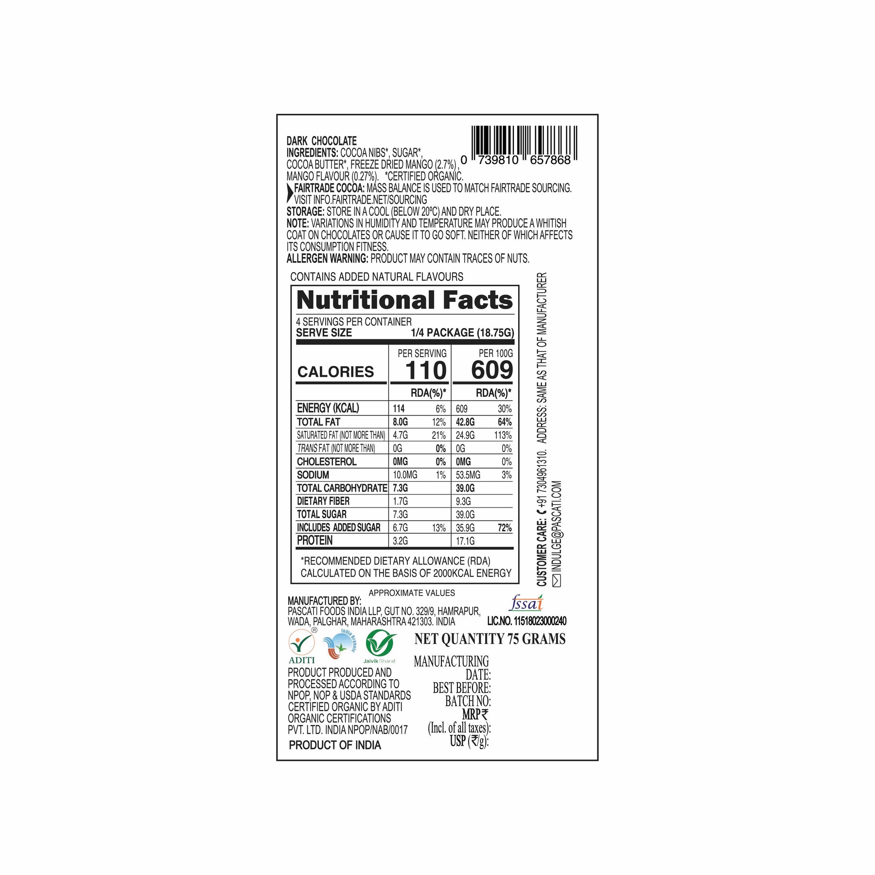 Pascati mango dark chocolate bar 75g back — organic Fairtrade artisan India