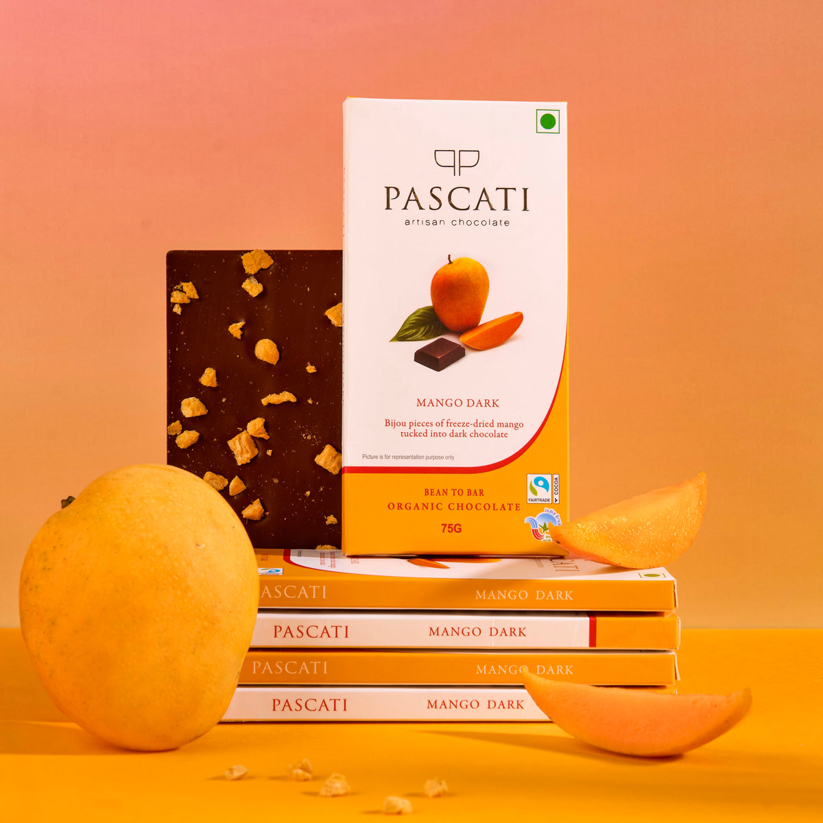Pascati mango dark chocolate bar 75g — organic Fairtrade artisan chocolate India