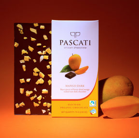 Pascati mango dark chocolate bar 75g front — organic Fairtrade artisan India