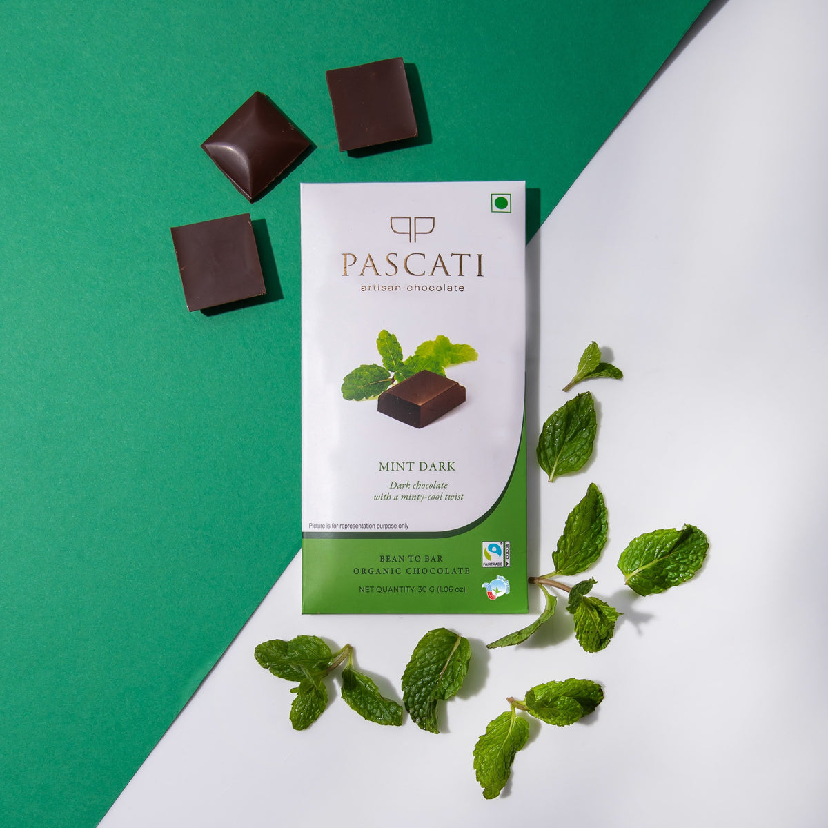 Pascati mint dark chocolate mini bar 30g — organic Fairtrade artisan India
