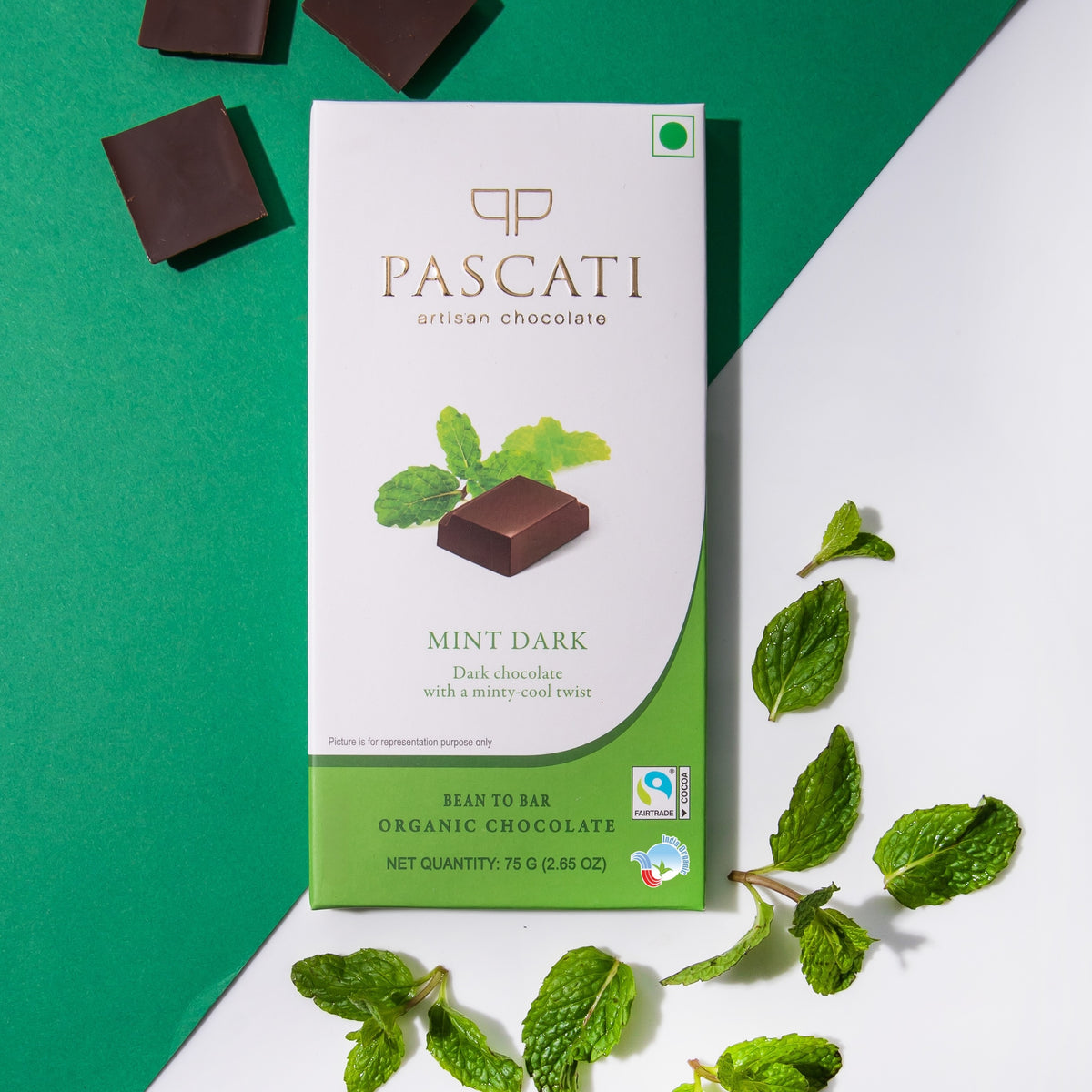 Pascati mint dark chocolate bar 75g front — organic Fairtrade artisan India