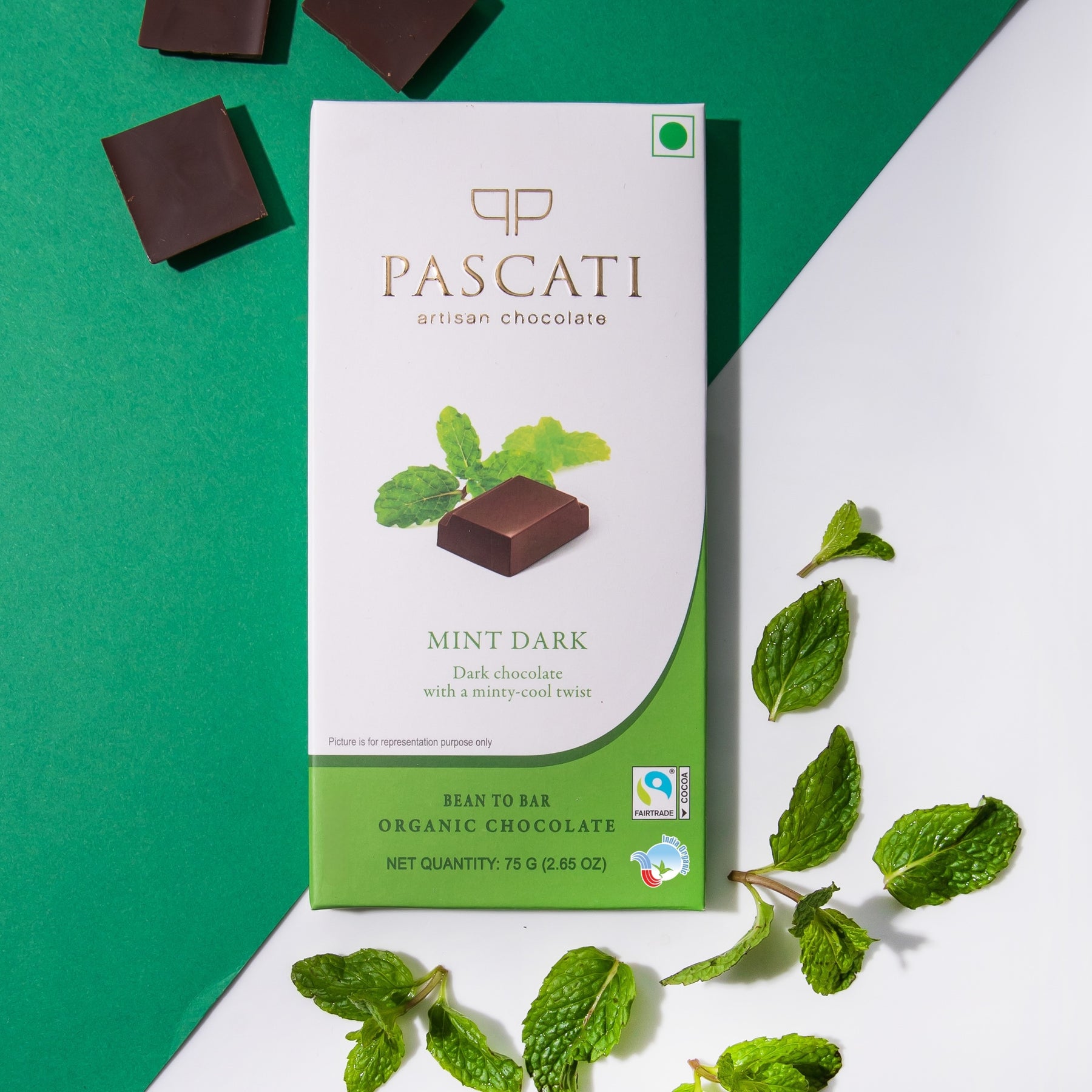 Pascati mint dark chocolate bar 75g front — organic Fairtrade artisan India