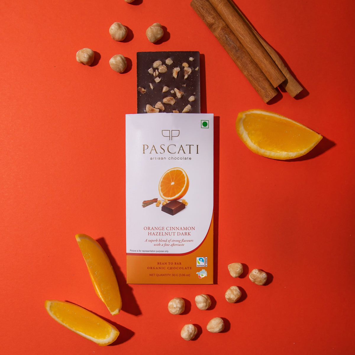 Pascati orange cinnamon hazelnut dark chocolate mini bar 30g front — organic Fairtrade India