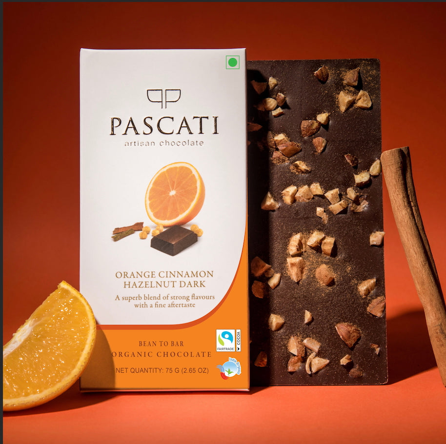 Pascati orange cinnamon hazelnut dark chocolate bar 75g front — organic Fairtrade artisan India