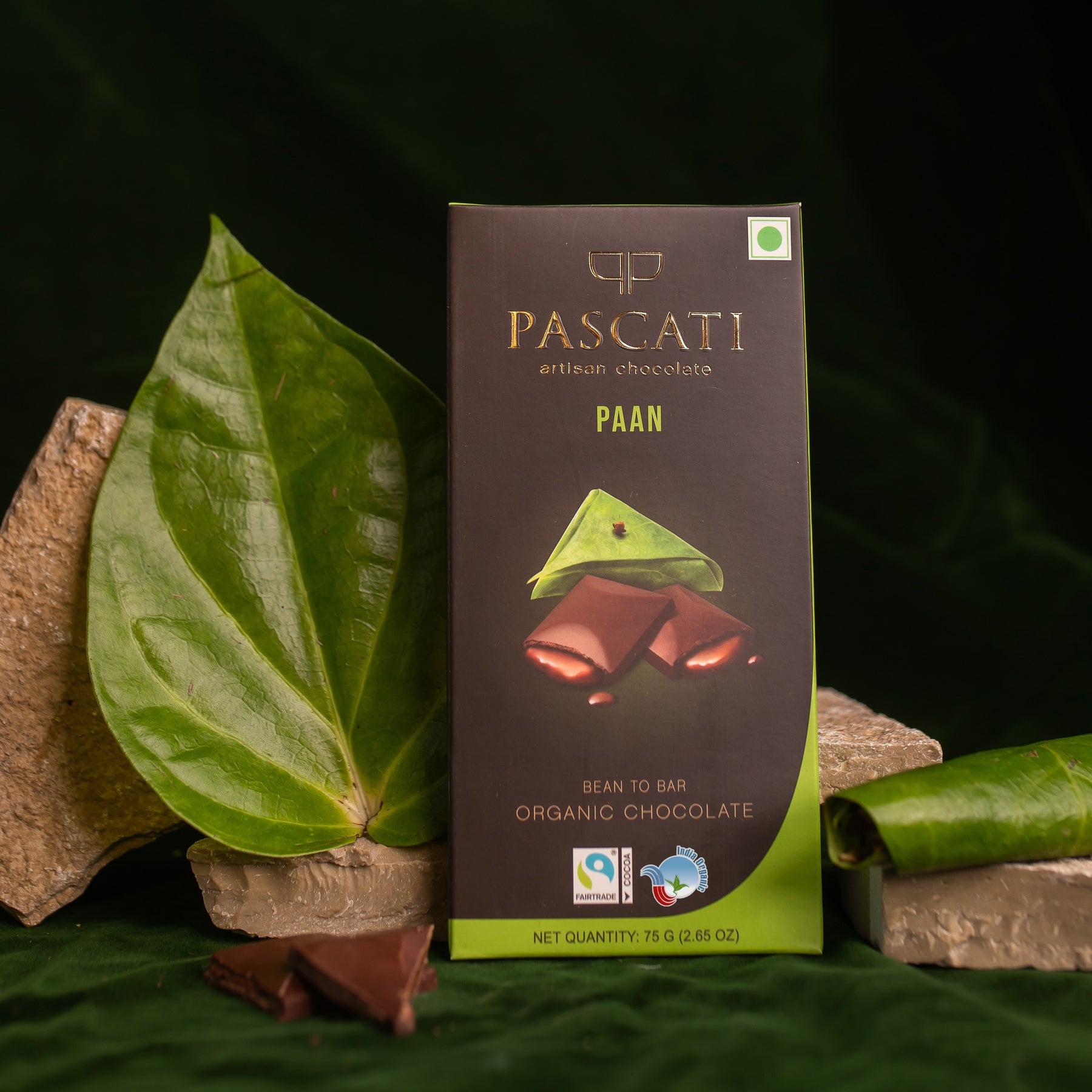 Pascati paan dark chocolate bar 75g — Indian flavour organic Fairtrade artisan chocolate