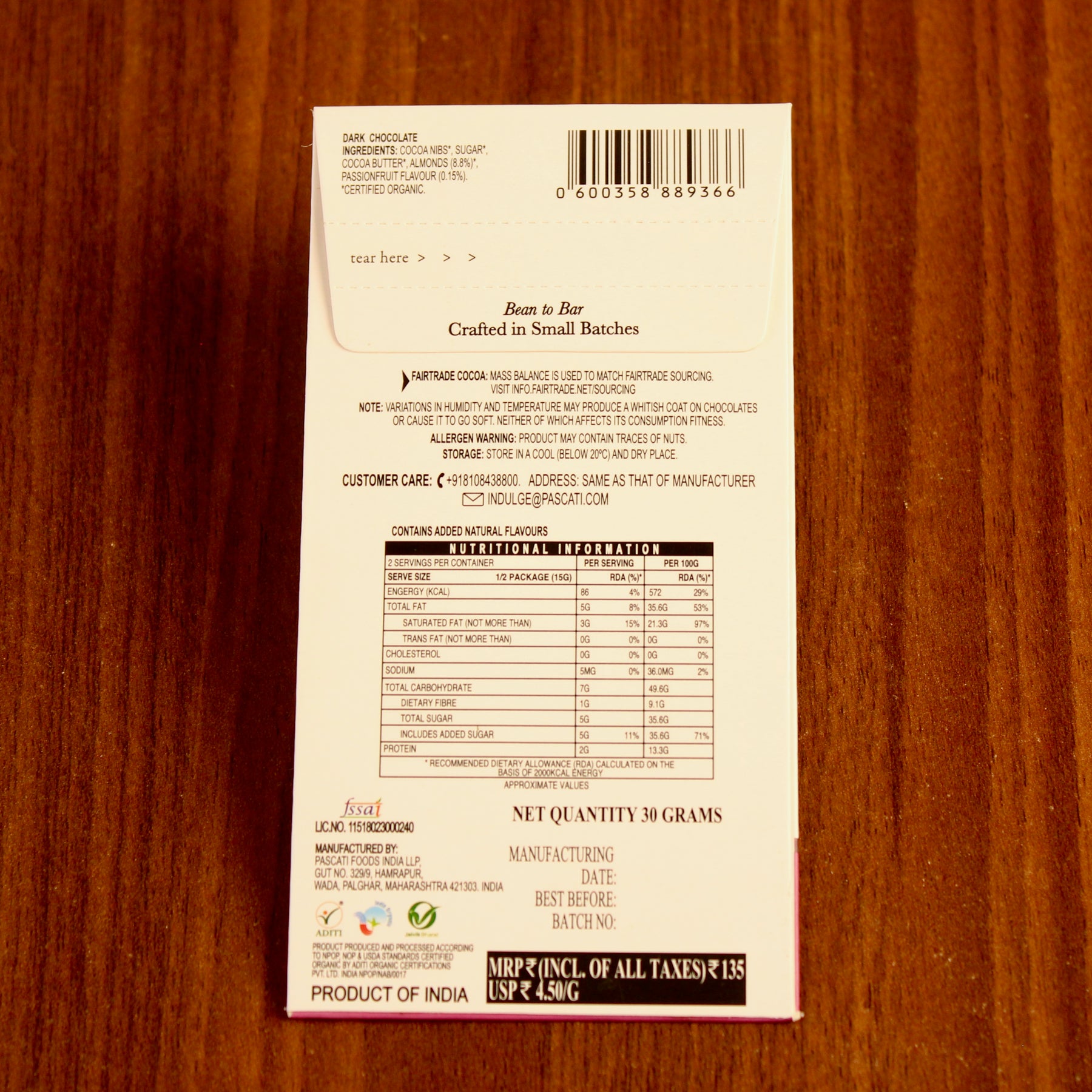 Pascati passionfruit almond dark chocolate mini bar 30g back — organic Fairtrade artisan India