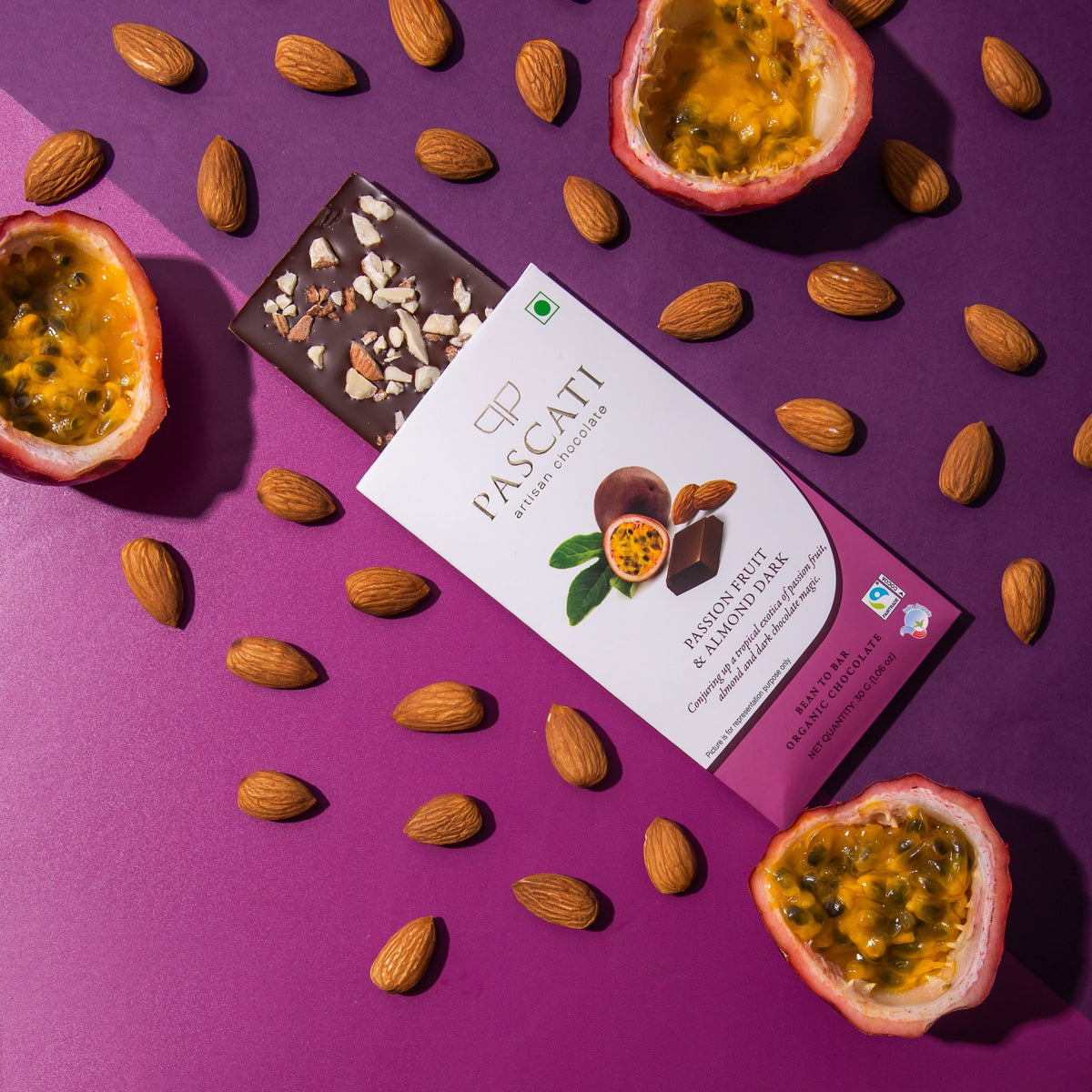 Pascati passionfruit almond dark chocolate mini bar 30g front — organic Fairtrade artisan India