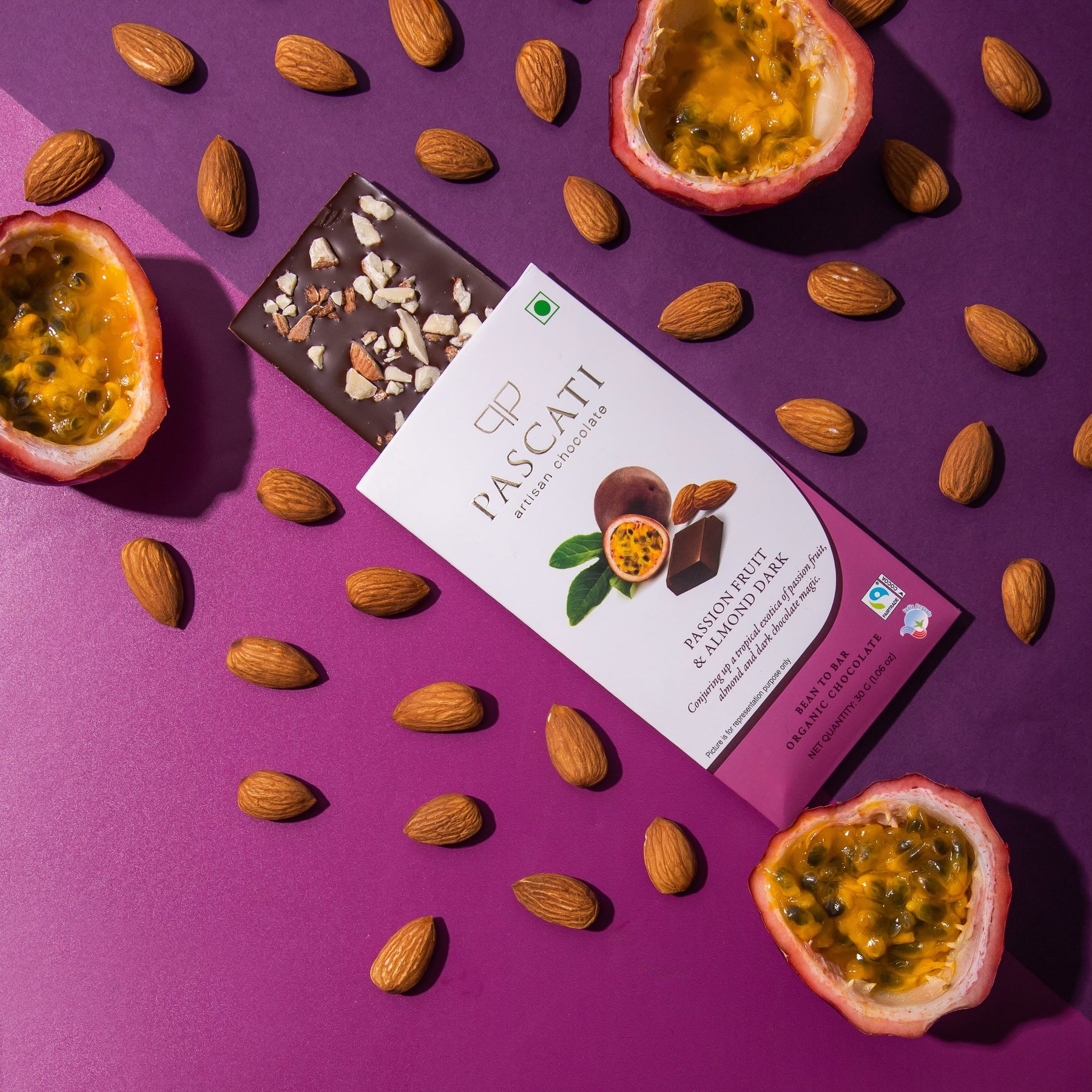 Pascati passionfruit almond dark chocolate mini bar 30g front — organic Fairtrade artisan India