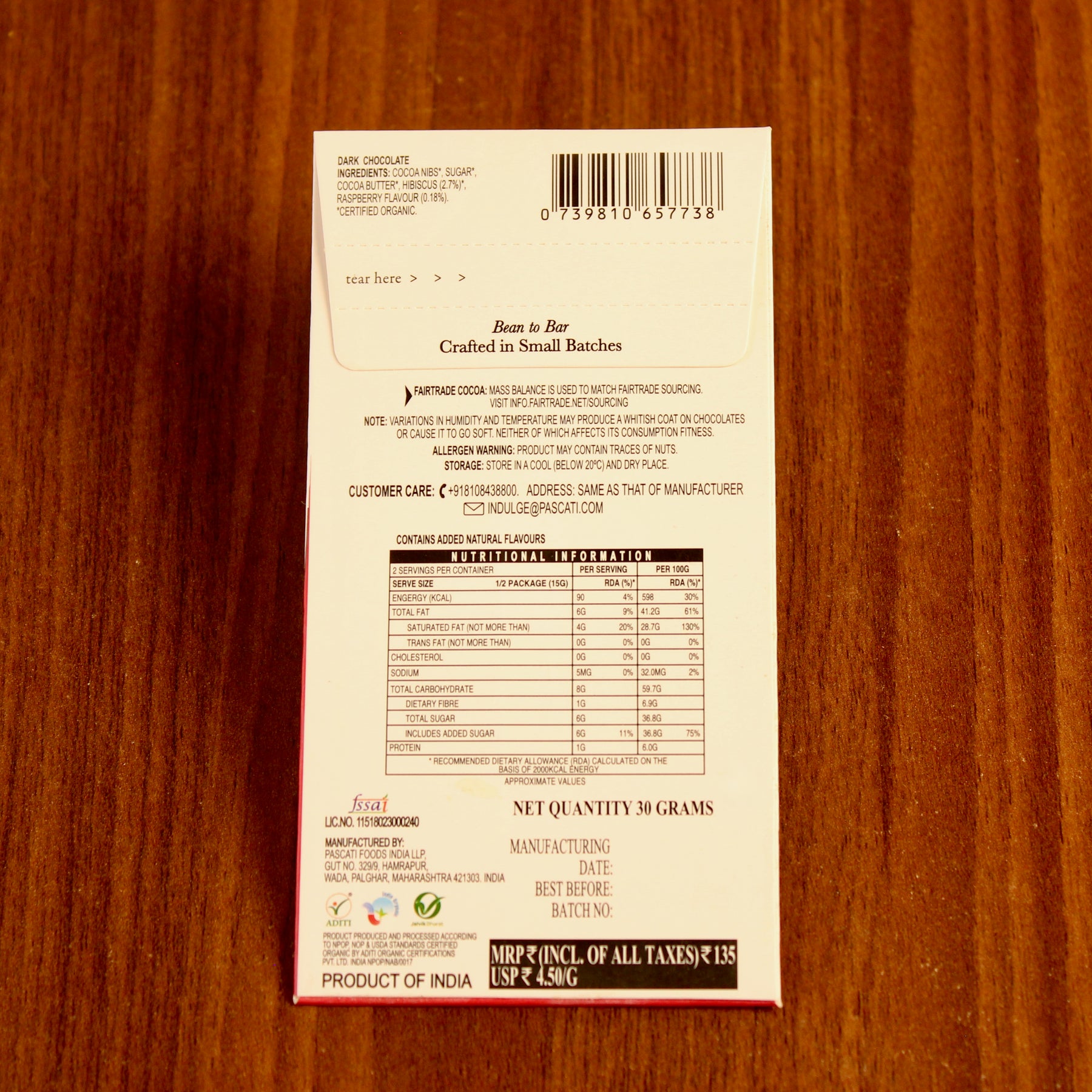 Pascati raspberry hibiscus dark chocolate mini bar 30g back — organic Fairtrade artisan India