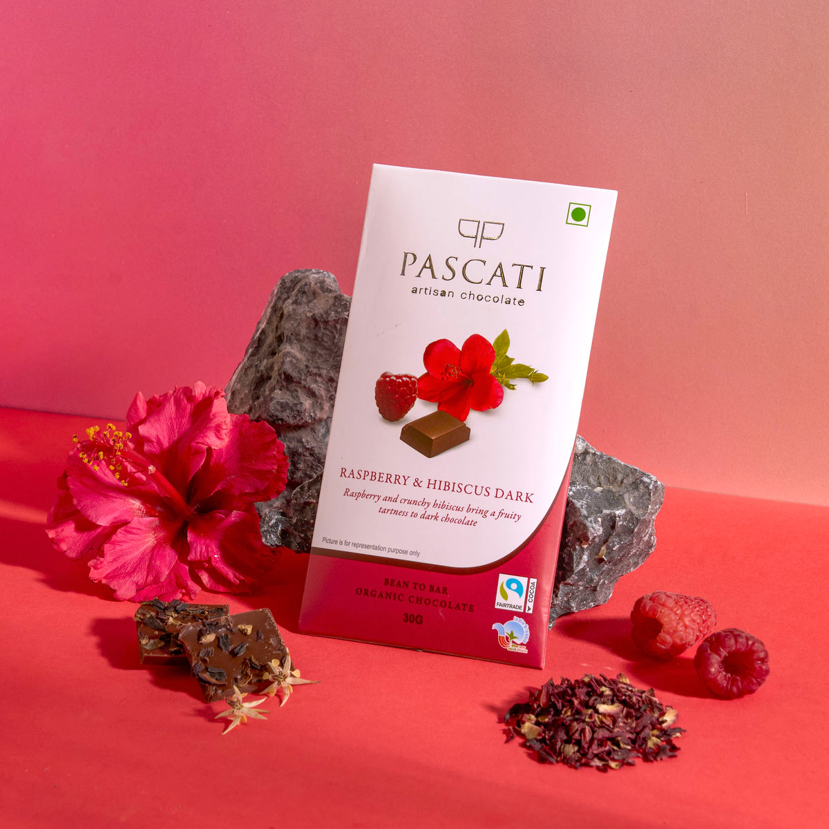 Pascati raspberry hibiscus dark chocolate mini bar 30g — organic Fairtrade artisan India