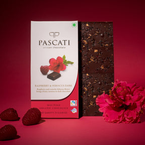 Pascati raspberry hibiscus dark chocolate bar 75g front — organic Fairtrade artisan India