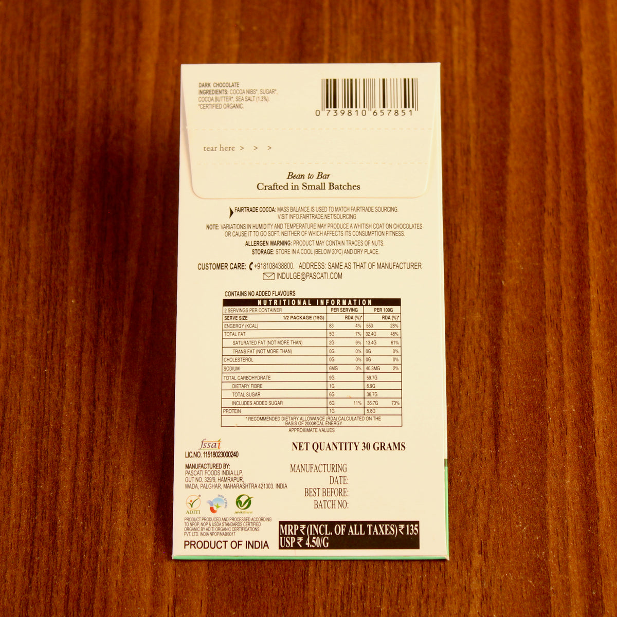 Pascati sea salt dark chocolate mini bar 30g back — organic Fairtrade artisan India