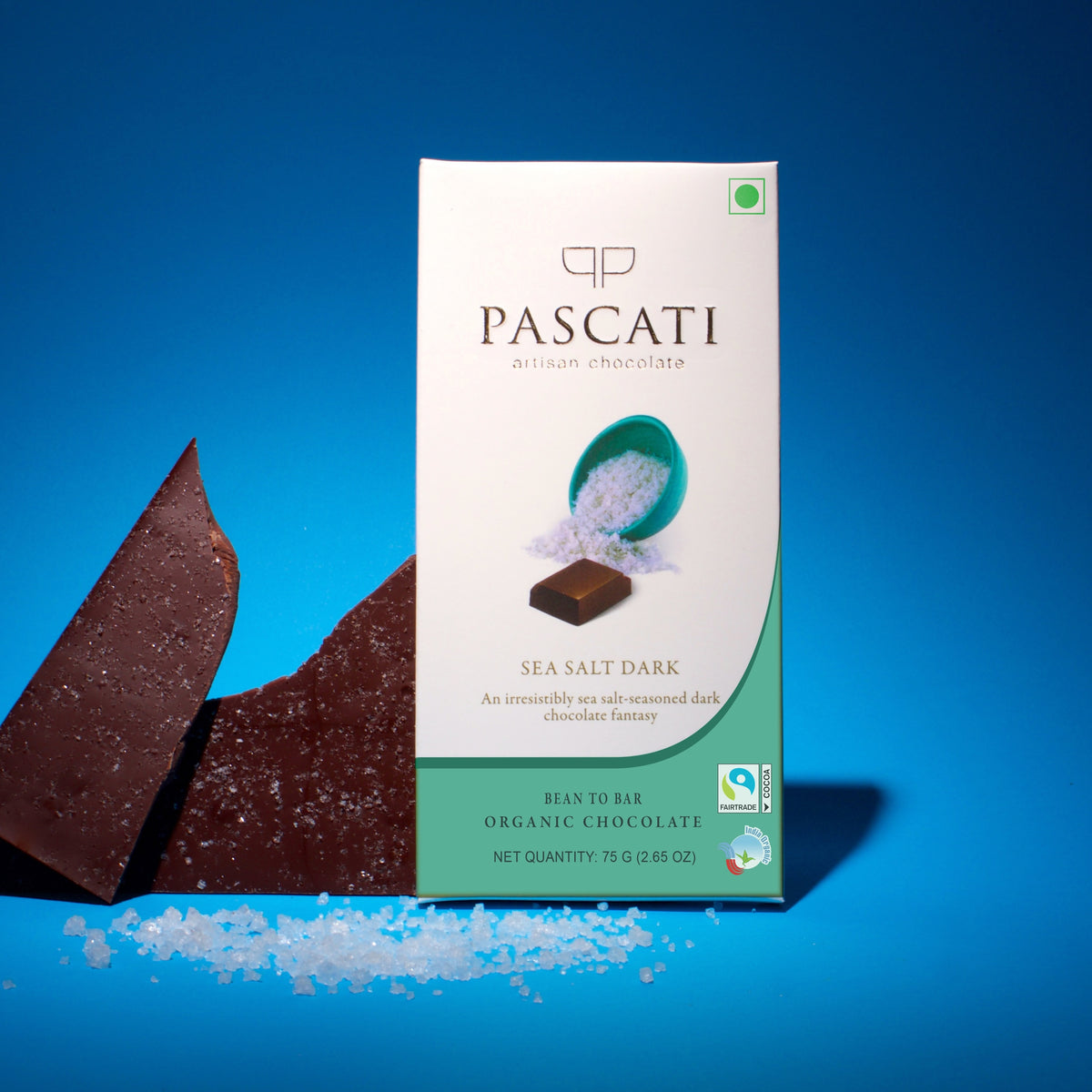 Pascati sea salt dark chocolate bar 75g front — organic Fairtrade artisan India