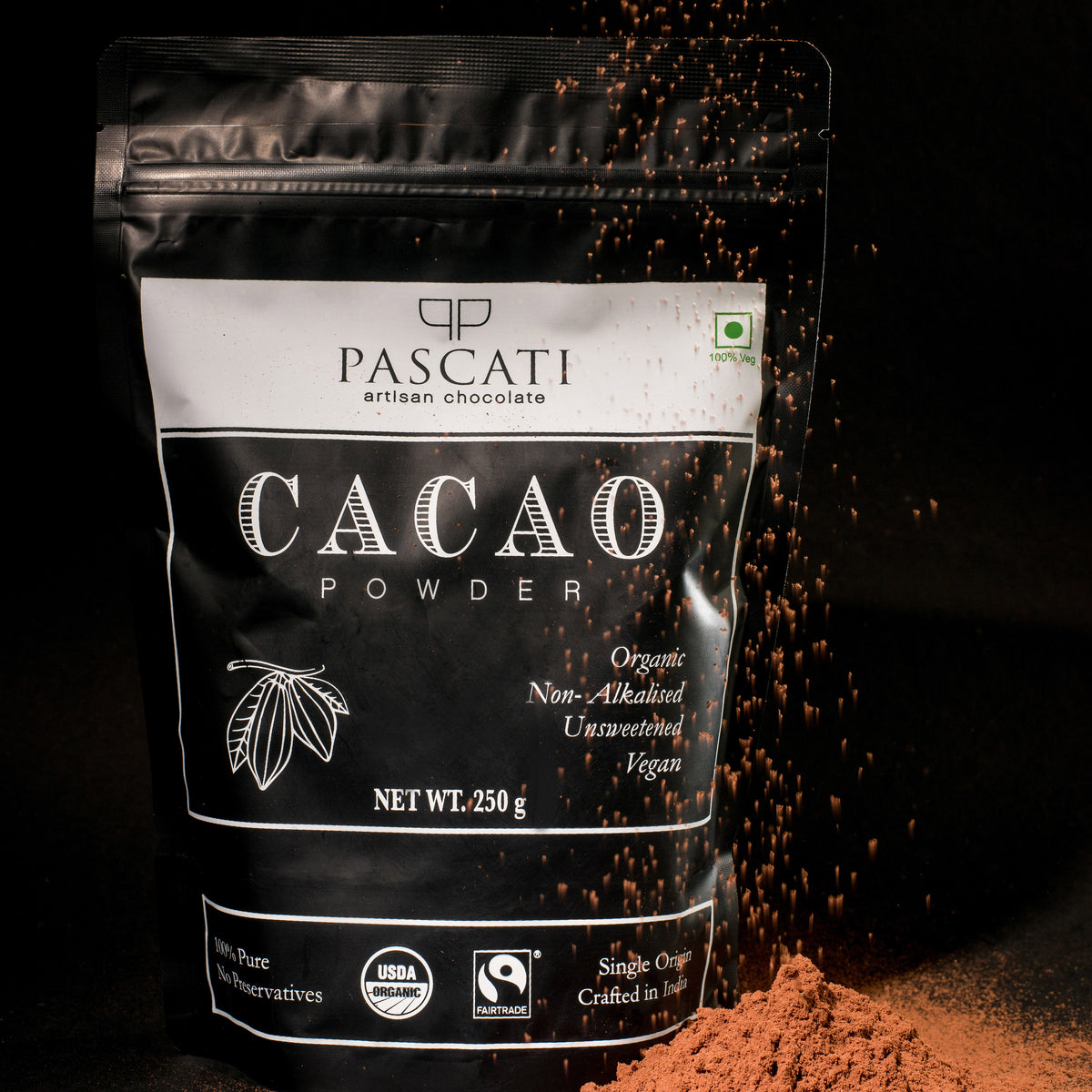 Pascati organic cacao powder 250g lifestyle — single origin Kerala Fairtrade India